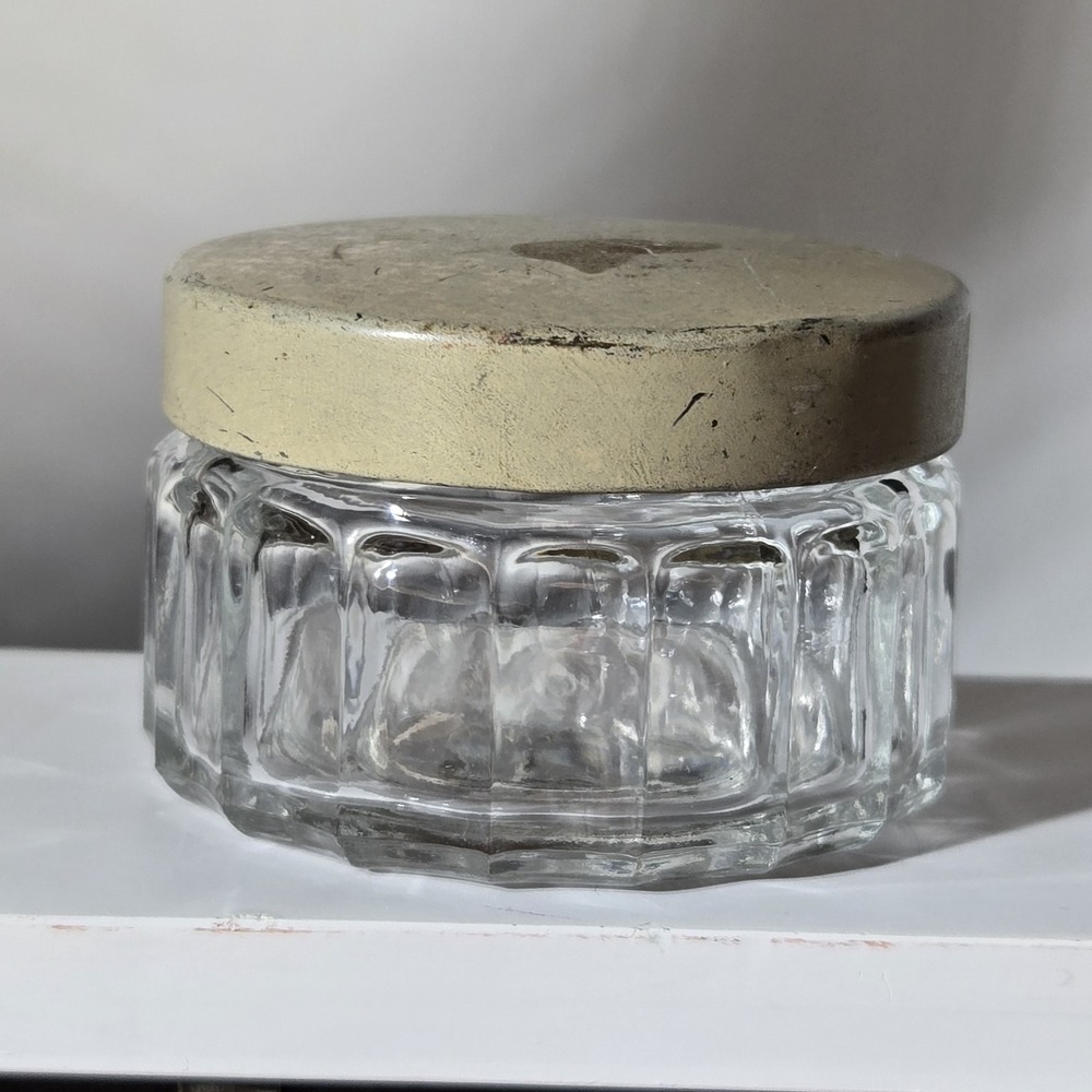 Antique Cut Glass Vanity Dresser Jar 2" Round Circa 1900 Distressed Screw‎ Lid